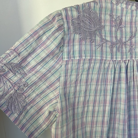 Johnny Was Malo Puff Sleeve Blouse Lilac Embroidered Plaid Bird Floral Small - Picture 12 of 13